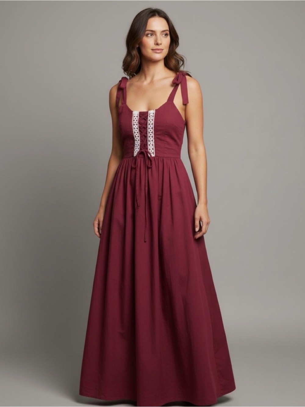 Source Unknown Burgundy Maxi Dress with Tie Shoulders and Lace Front